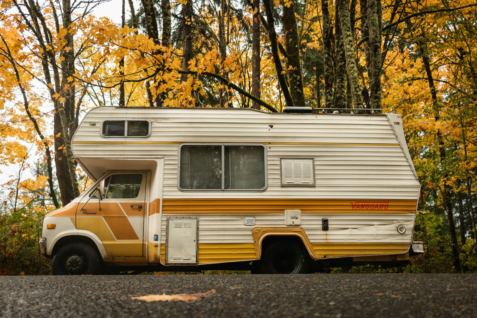 a van parked on the side of a road, RV